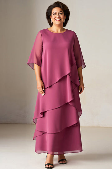 Vintage Mauve Szyfon Potargany Plus Size Sukienka Dla Matki Panny Młodej Z Pół Rękawami